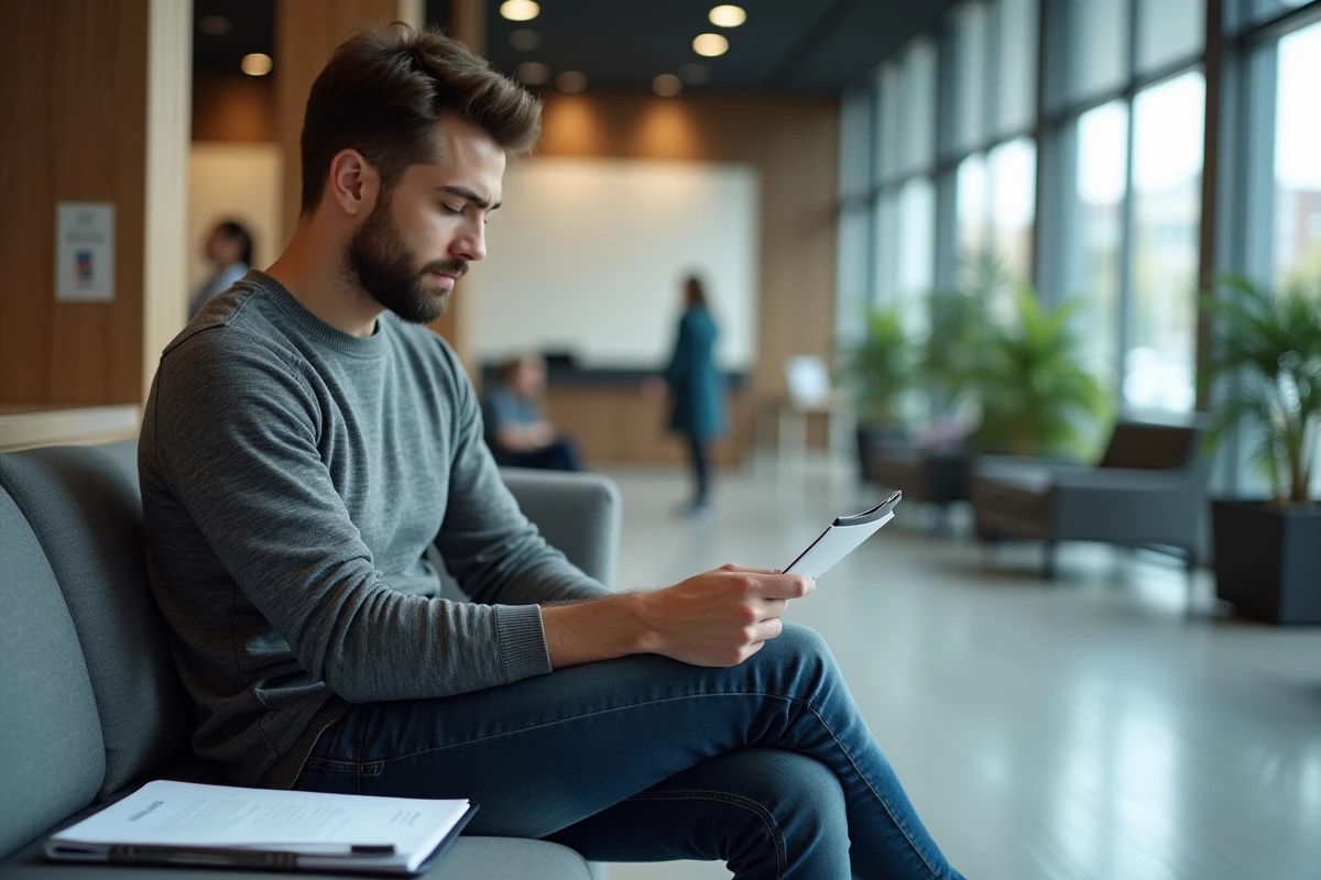 Jeune homme dans un lobby bancaire regardant une brochure