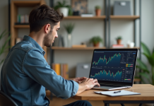 Jeune homme concentré devant des graphiques de cryptomonnaie