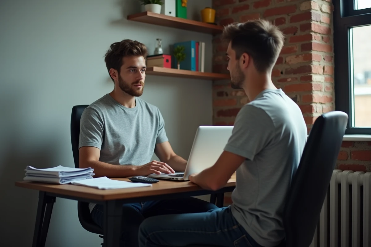 Jeune homme consultant le site CAF sur son ordinateur pour faire une demande d'APL dans son studio