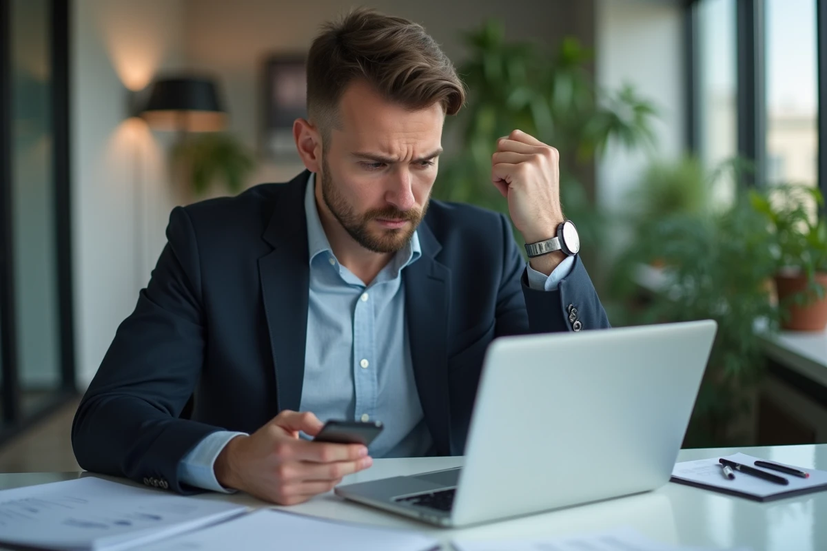 Jeune homme consulte son compte bancaire en ligne au bureau