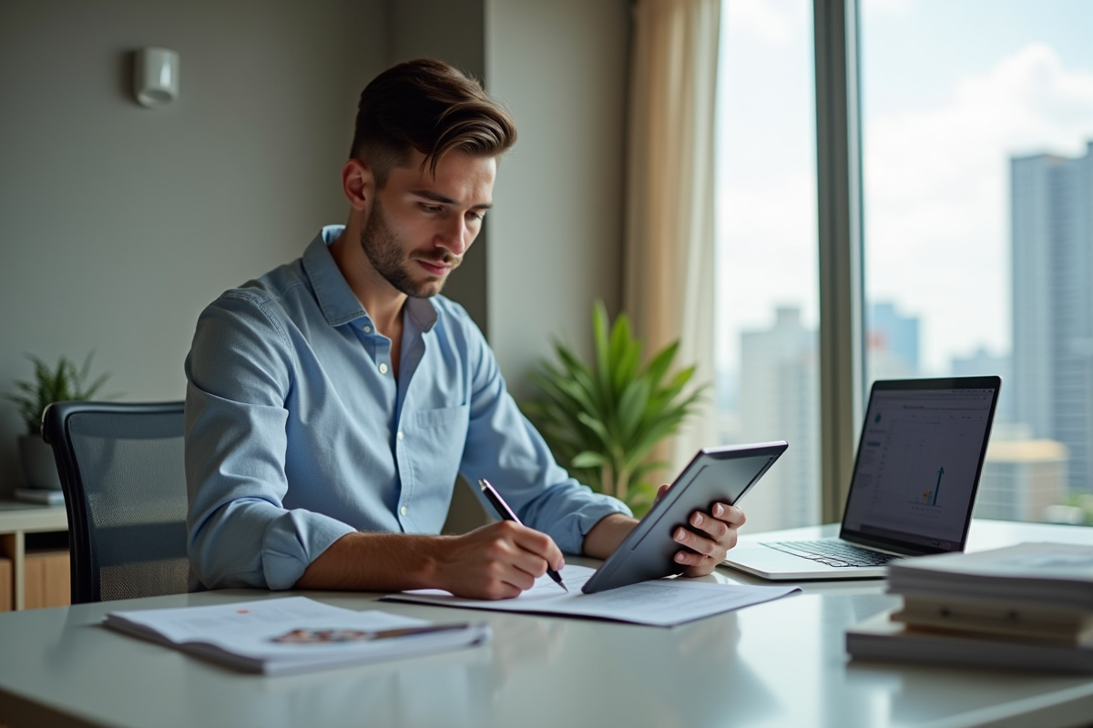 Jeune homme signant un contrat de prêt immobilier sur une tablette
