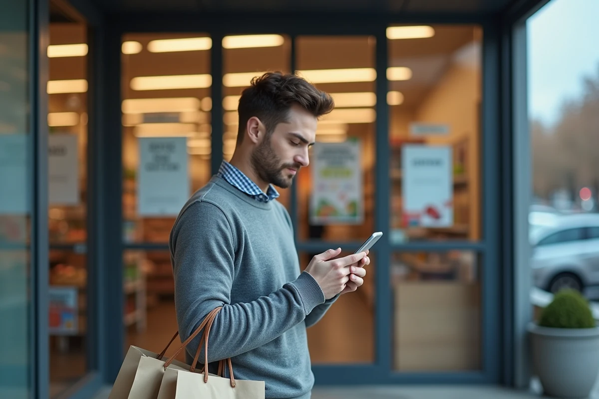 Jeune homme vérifie son smartphone devant un supermarché