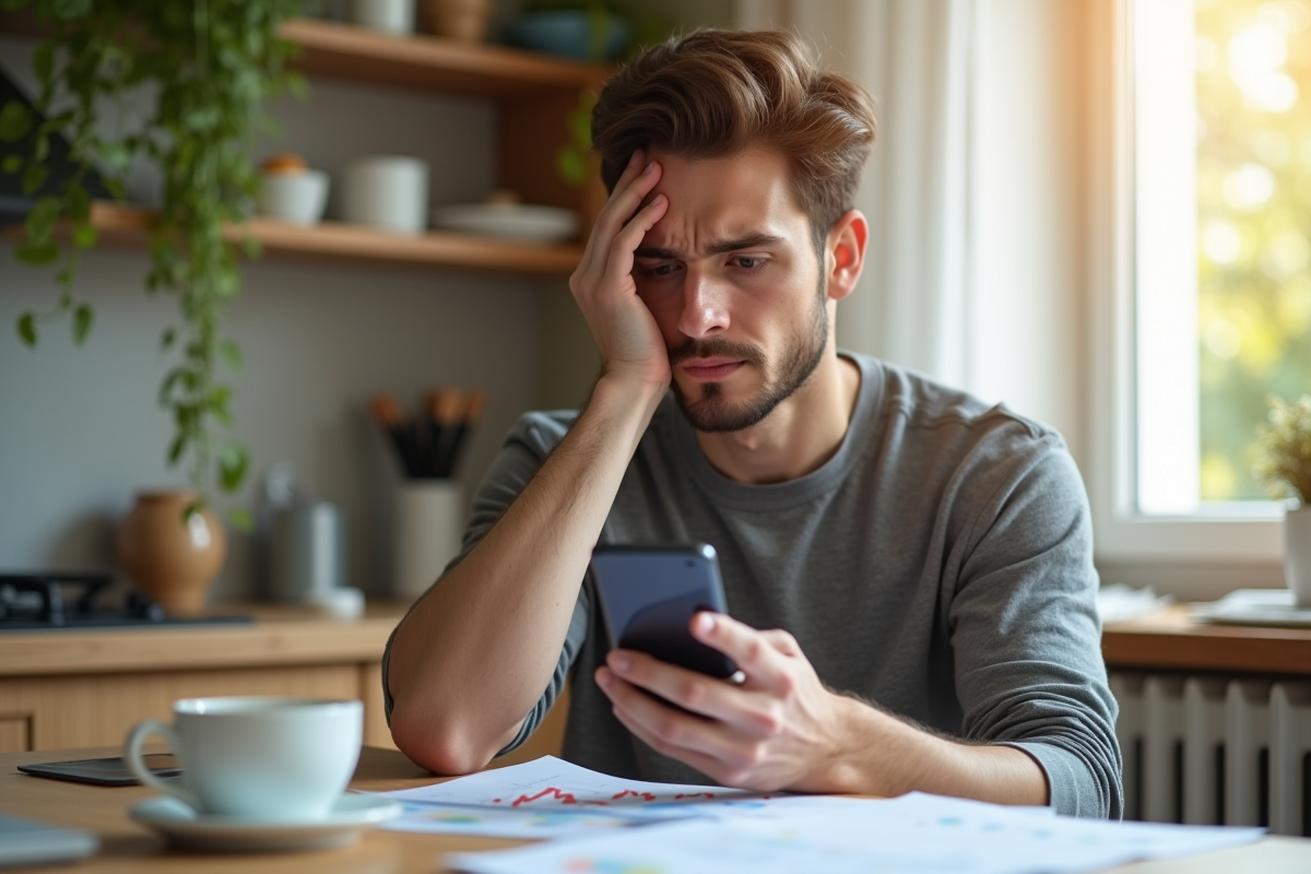 Jeune investisseur inquiet avec smartphone affichant un graphique Bitcoin dans une cuisine lumineuse