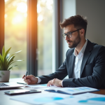 Jeune professionnel analysant des documents financiers dans un bureau lumineux