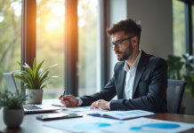 Jeune professionnel analysant des documents financiers dans un bureau lumineux