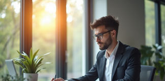 Jeune professionnel analysant des documents financiers dans un bureau lumineux