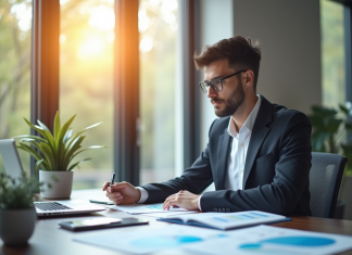 Jeune professionnel analysant des documents financiers dans un bureau lumineux