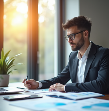 Jeune professionnel analysant des documents financiers dans un bureau lumineux