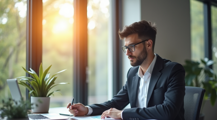 Jeune professionnel analysant des documents financiers dans un bureau lumineux