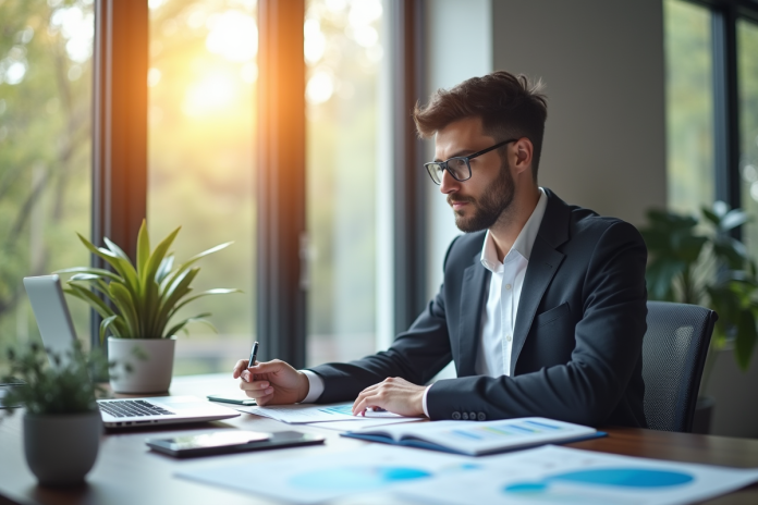 Jeune professionnel analysant des documents financiers dans un bureau lumineux