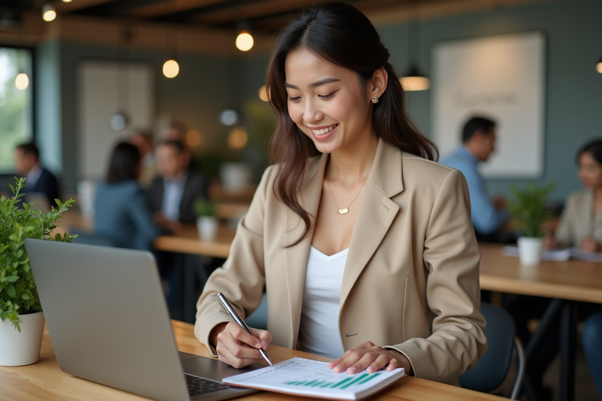 Jeune femme entrepreneure dans espace coworking