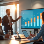 Chef d'entreprise présentant des données de croissance à une équipe