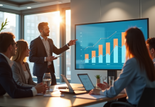 Chef d'entreprise présentant des données de croissance à une équipe