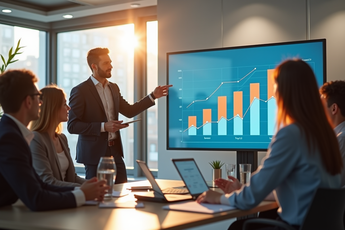 Chef d'entreprise présentant des données de croissance à une équipe