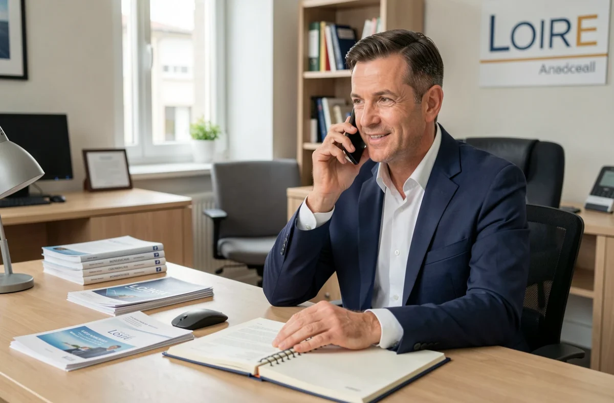 Le courtier en assurance Lionel Panazza en consultation téléphonique dans son bureau de la Loire