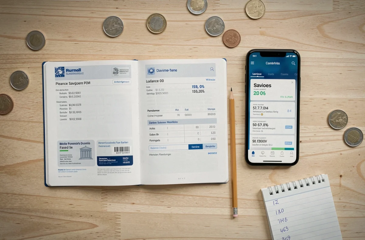 Vue de dessus d'un livret A ouvert, smartphone avec application bancaire et coins en euros sur un bureau en bois