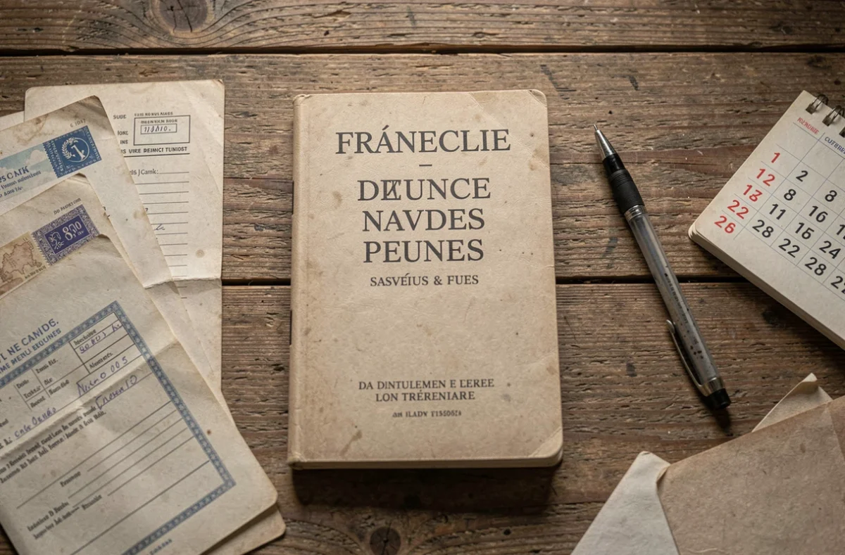 Vue en plongée d'un livret d'épargne fermé entouré de courriers bancaires anciens sur un bureau en chêne, symbolisant la durée de conservation des traces financières
