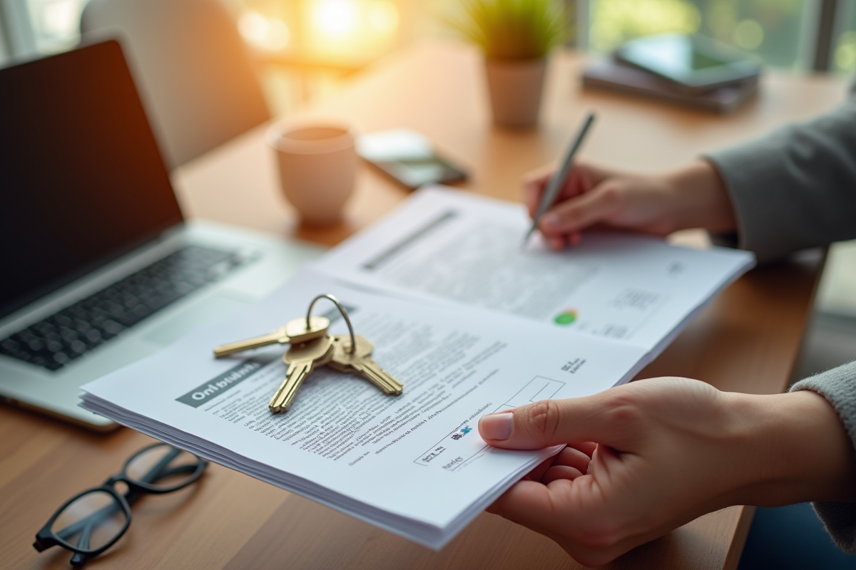 Mains tenant des clés de maison et des documents officiels sur une table