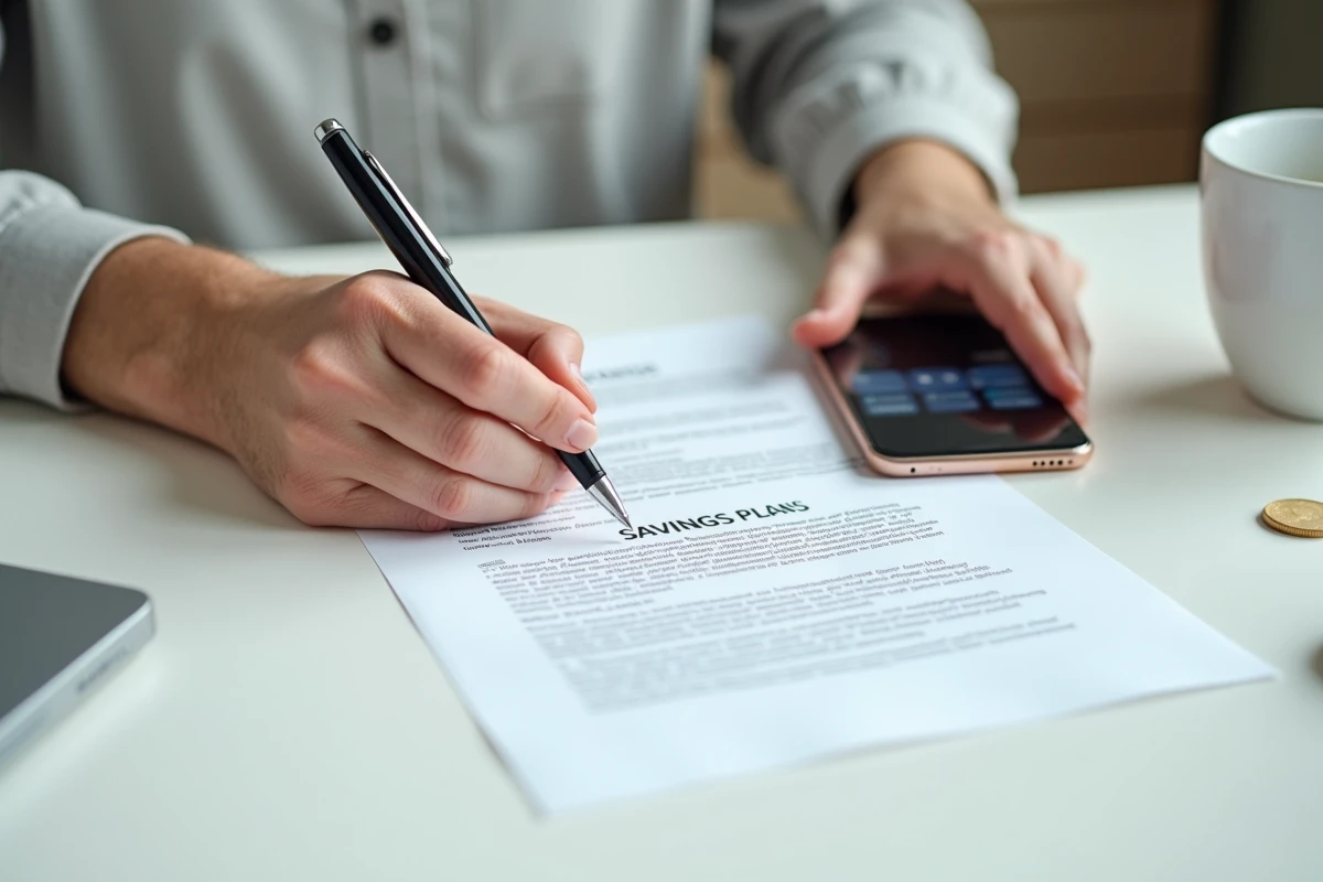 Mains tenant un stylo au-dessus d'un contrat de compte à terme, avec smartphone affichant une application bancaire sur une table blanche