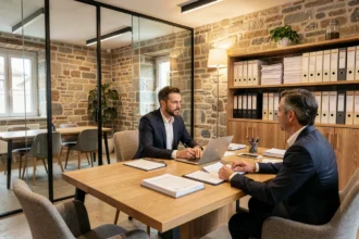 Un courtier en assurance conseille un client dans un bureau professionnel moderne dans la Loire