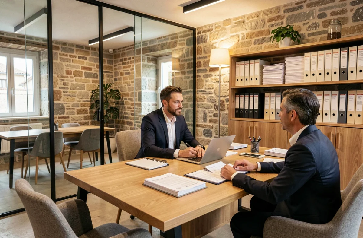 Un courtier en assurance conseille un client dans un bureau professionnel moderne dans la Loire