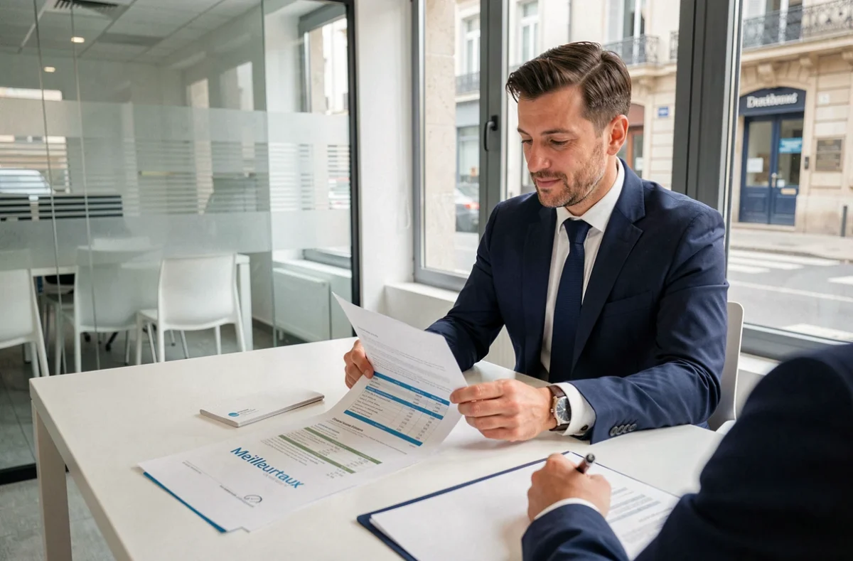 Un courtier Meilleurtaux à Rodez examine des offres de prêt immobilier avec un client dans une agence moderne