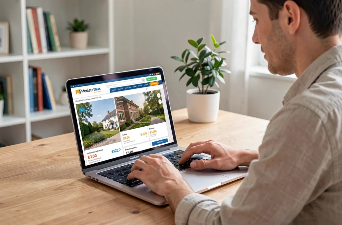 Une personne utilise la plateforme Meilleurtaux sur son ordinateur pour comparer des offres de crédit immobilier depuis chez elle