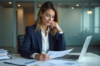 Femme professionnelle qui examine des documents financiers pour négocier un accord avec un bureau de crédit