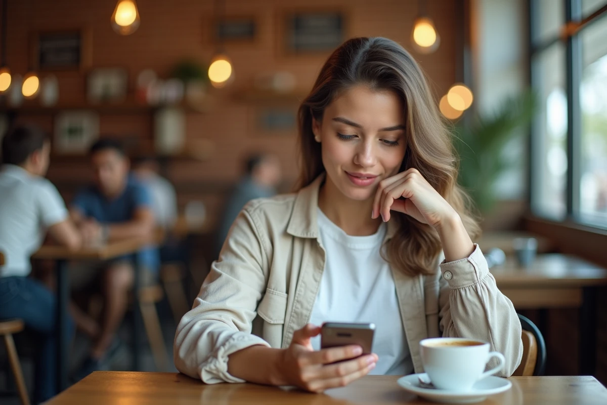 Jeune femme consultant une notification de virement La Banque Postale sur son smartphone dans un café