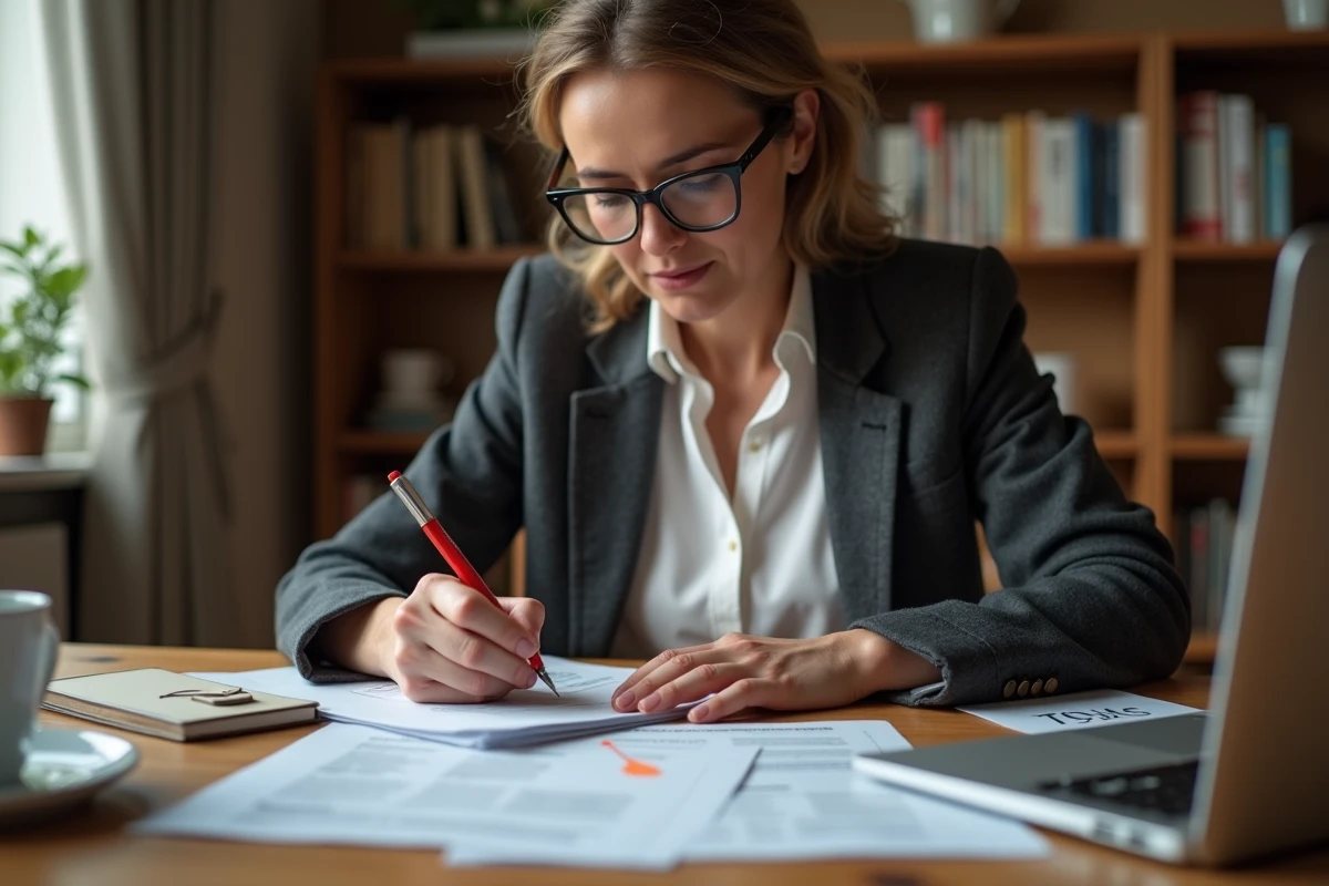 Femme comptable travaillant sur sa déclaration fiscale et les astuces légales pour réduire l'imposition des heures supplémentaires à domicile
