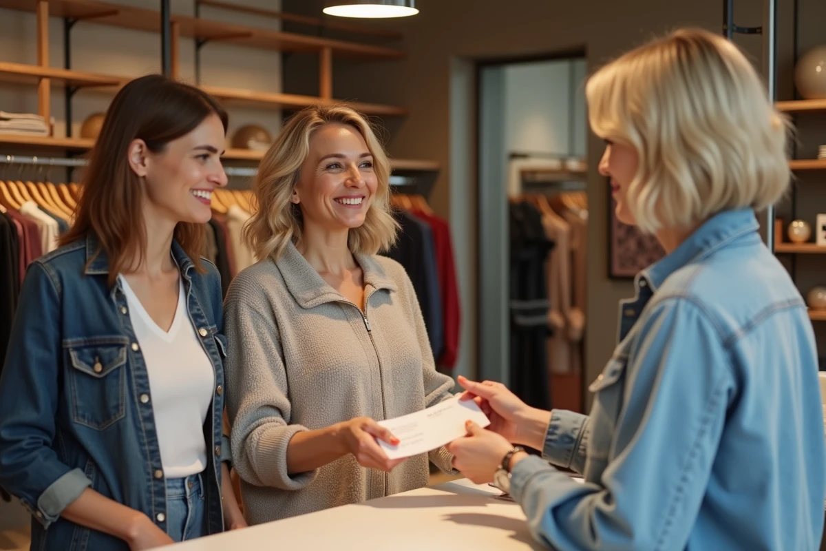 Paiement avec un chèque Cadhoc dans une boutique de vêtements par deux clientes et une vendeuse