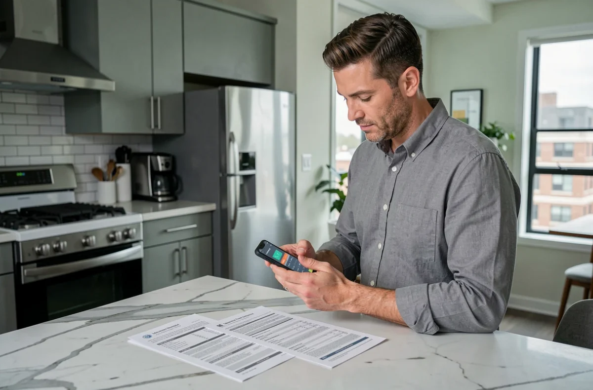 Entrepreneur gérant ses paiements professionnels à distance depuis son appartement avec smartphone et factures