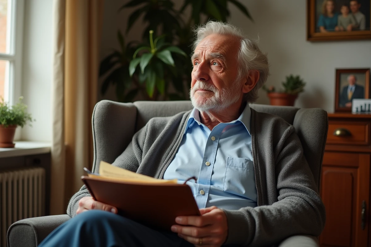 Père âgé tenant un dossier de documents financiers dans un salon traditionnel français représentant la transmission d'assurance vie