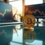 Pièce de Bitcoin dorée équilibrée sur une table brillante avec graphiques financiers en arrière-plan