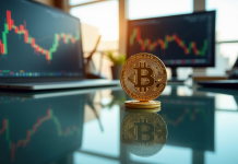 Pièce de Bitcoin dorée équilibrée sur une table brillante avec graphiques financiers en arrière-plan