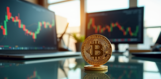 Pièce de Bitcoin dorée équilibrée sur une table brillante avec graphiques financiers en arrière-plan