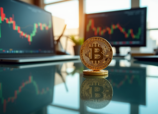 Pièce de Bitcoin dorée équilibrée sur une table brillante avec graphiques financiers en arrière-plan