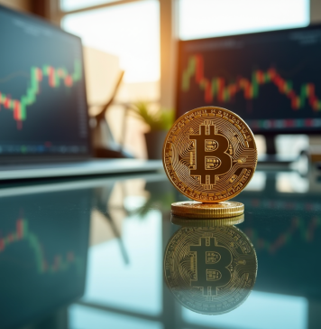 Investir dans le Bitcoin : quels risques ? Tout savoir pour limiter les pertes Pièce de Bitcoin dorée équilibrée sur une table brillante avec graphiques financiers en arrière-plan