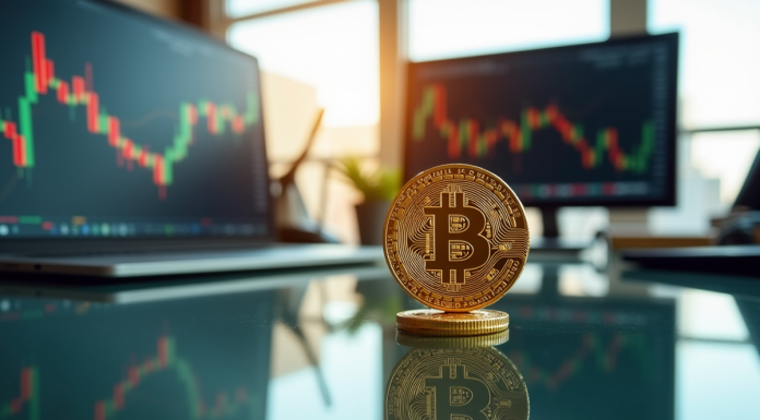 Pièce de Bitcoin dorée équilibrée sur une table brillante avec graphiques financiers en arrière-plan