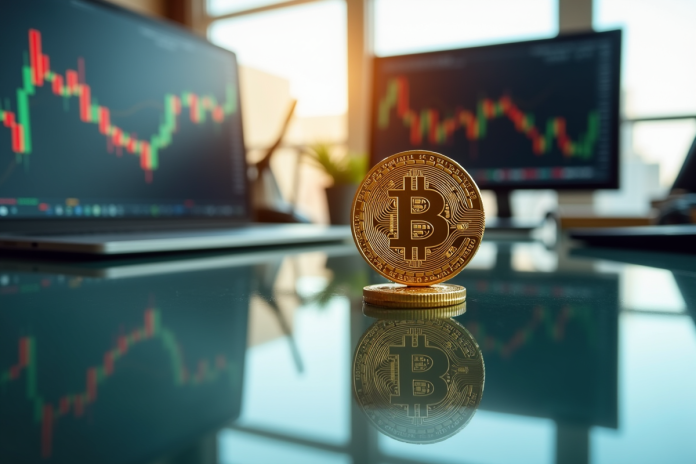 Pièce de Bitcoin dorée équilibrée sur une table brillante avec graphiques financiers en arrière-plan