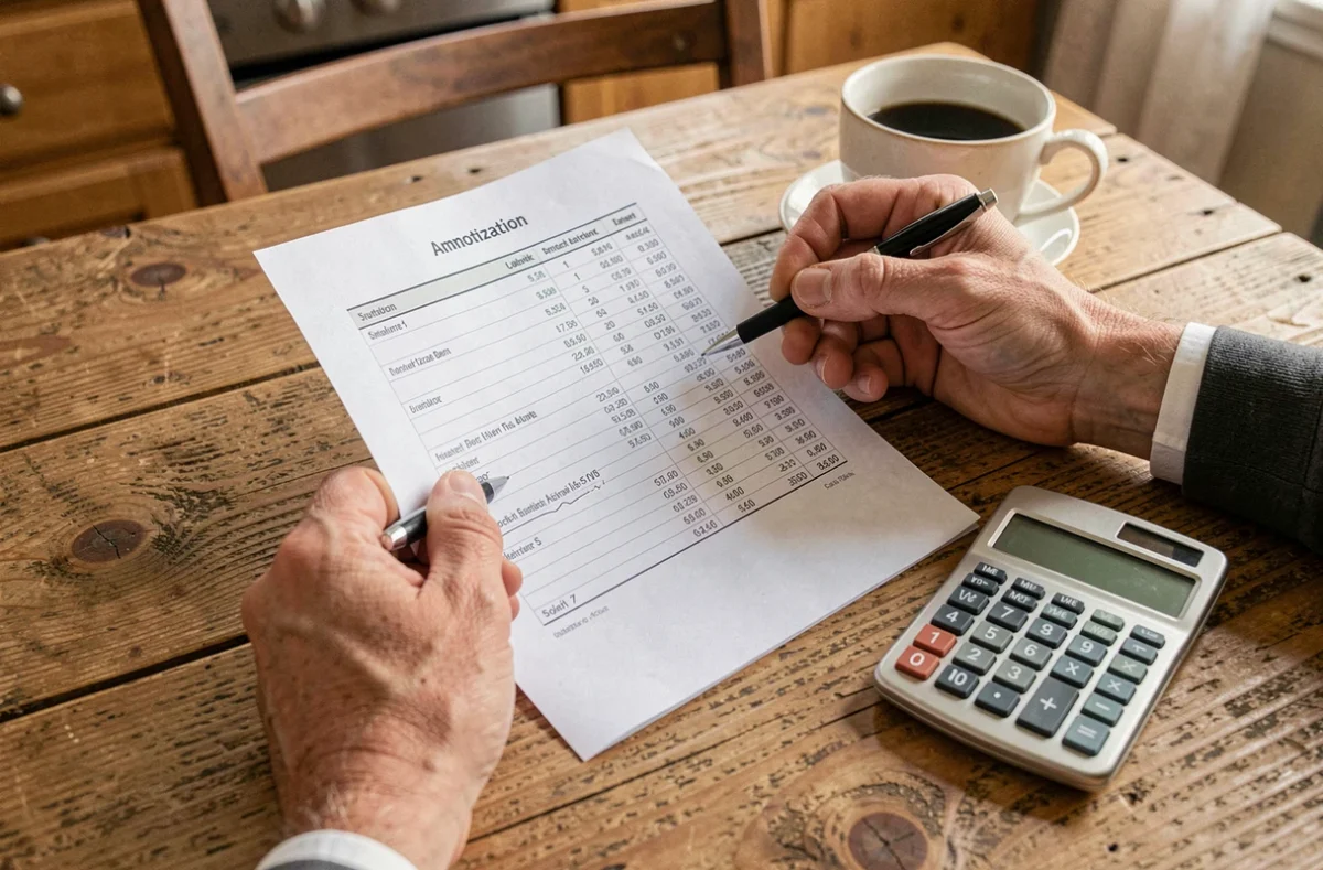 Des mains analysent un tableau d'amortissement pour planifier l'autofinancement de parts de SCPI