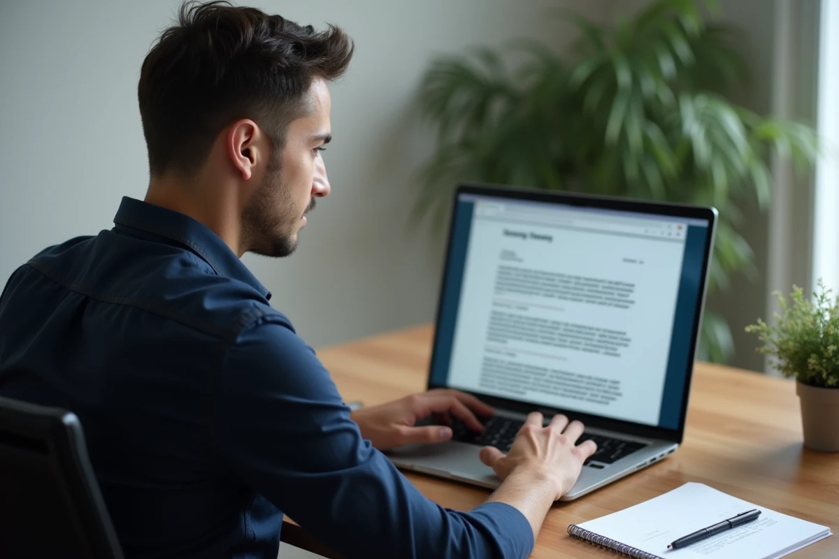 Homme préparant une lettre de résiliation d'assurance Matmut sur ordinateur dans un bureau à domicile