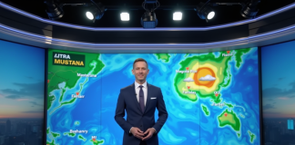 Présentateur météo professionnel dans un studio moderne