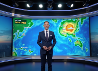 Présentateur météo professionnel dans un studio moderne