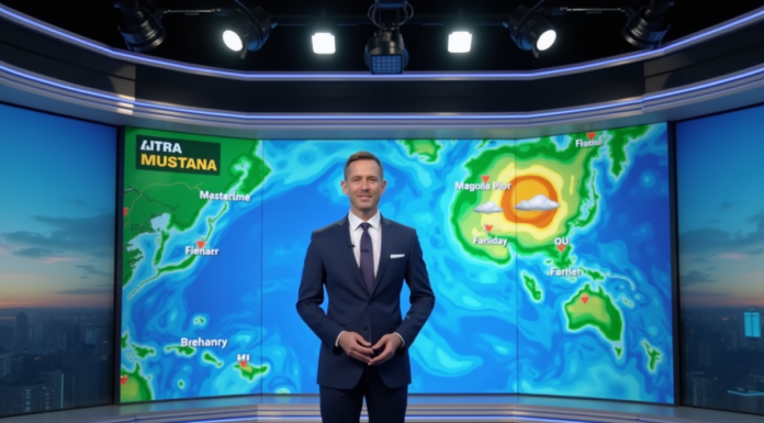Présentateur météo professionnel dans un studio moderne