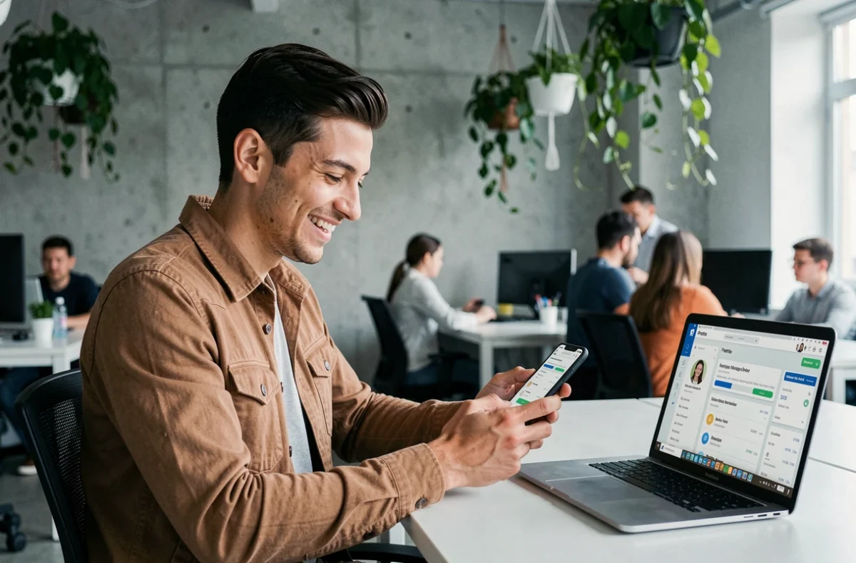 Un jeune professionnel utilise l'application Pretto sur son smartphone pour gérer son dossier de crédit immobilier dans un espace de coworking