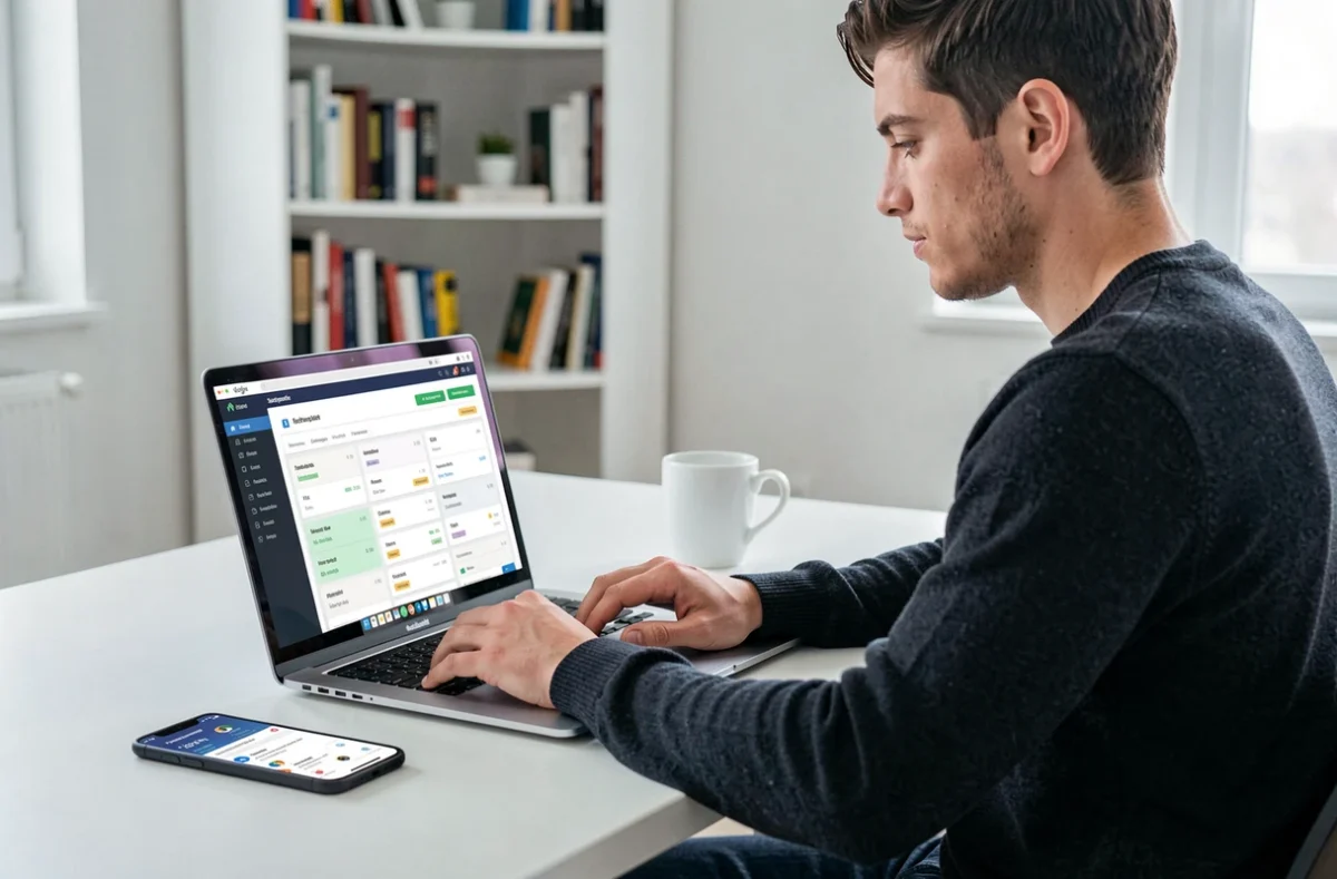Un jeune utilisateur de la plateforme en ligne Pretto compare des offres de crédit immobilier depuis son bureau à domicile