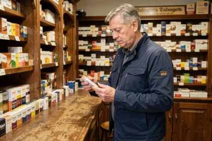 Homme examinant un paquet de cigarettes dans un bureau de tabac allemand avec des étiquettes de prix en euros visibles