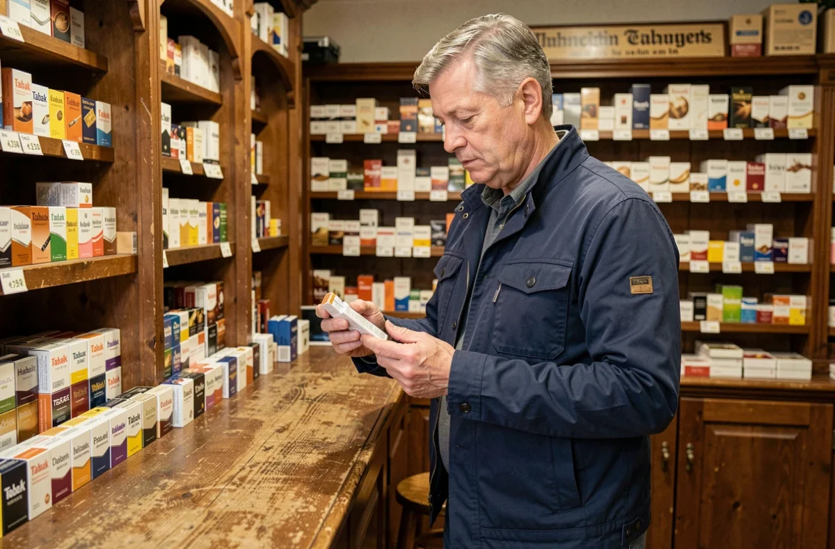Homme examinant un paquet de cigarettes dans un bureau de tabac allemand avec des étiquettes de prix en euros visibles