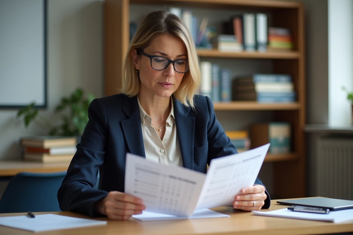 Professeure consultant un calendrier de versement de salaire et des fiches de paie sur un bureau scolaire